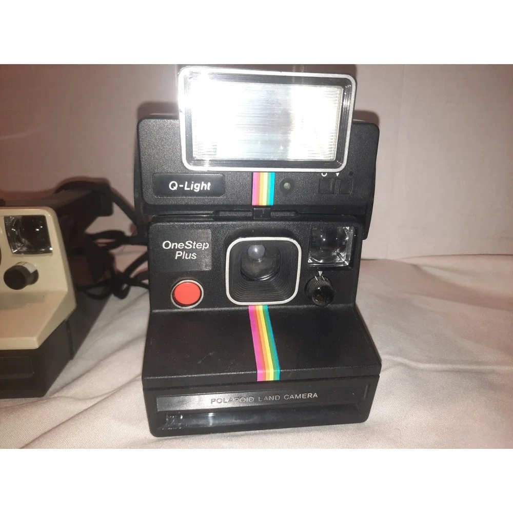 2x Vintage Polaroid OneStep Land Camera & OneStep Plus Rainbow 80's Q-Light